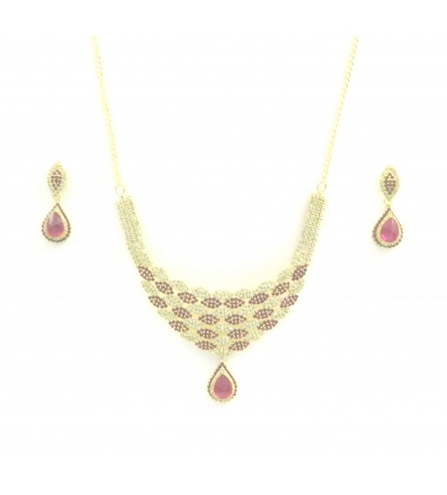 Necklace Set with Earrings, Gold Base Studded with White and Pink American Diamond, ZZP-CV-63347, Fashion Jewelry